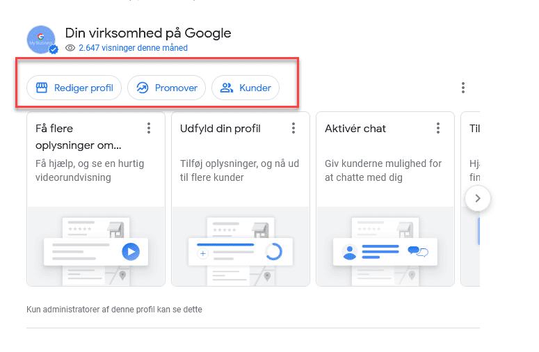 Billedet viser en Brandsøgning hvor søgeresultatet viser hvorledes du kan administrere din Google Virksomhedsprofil