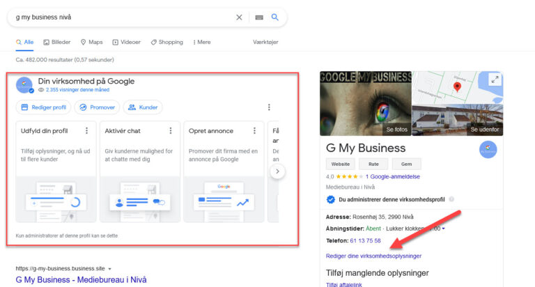 Billede af Google Business Profil administrationspanel på en googlesøgning