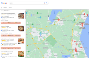 Billede dere viser Google Mpas søgeresultater for pizza i nordsjælland