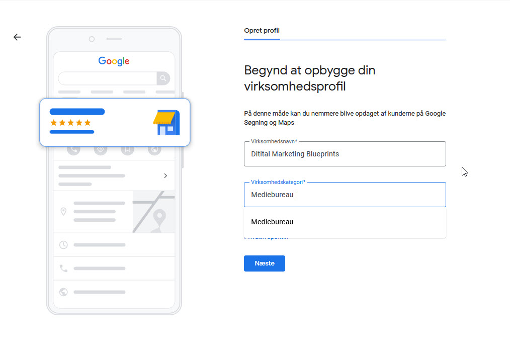 billedet viser profildialogen i google virksomhedprofil guiden på Google
