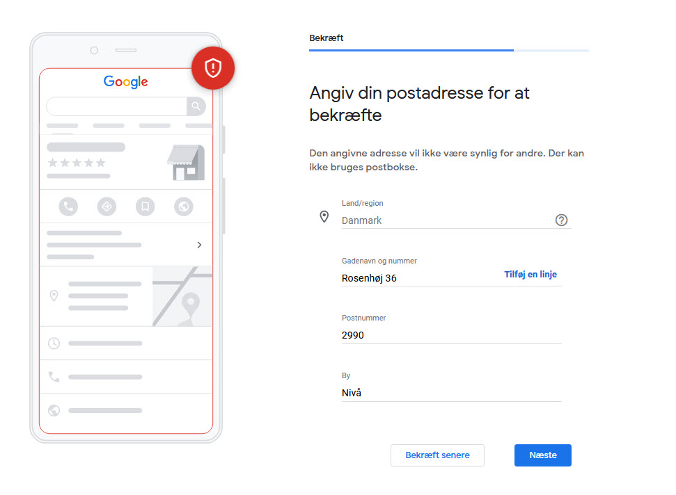 Billedet viser virksomhedsprofil-postadresse-oplysninger i virksomhedprofil guiden
