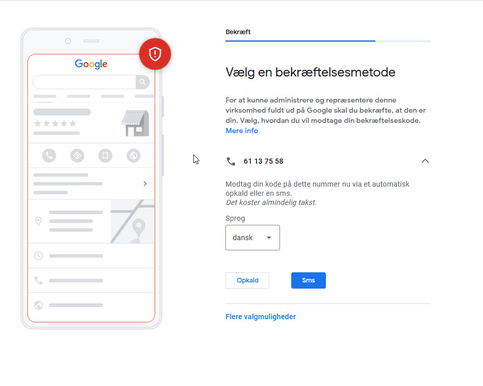 Billedet viser dialog til bekræstelse af dine oplysninger i Google virksomhedsprofil guide.