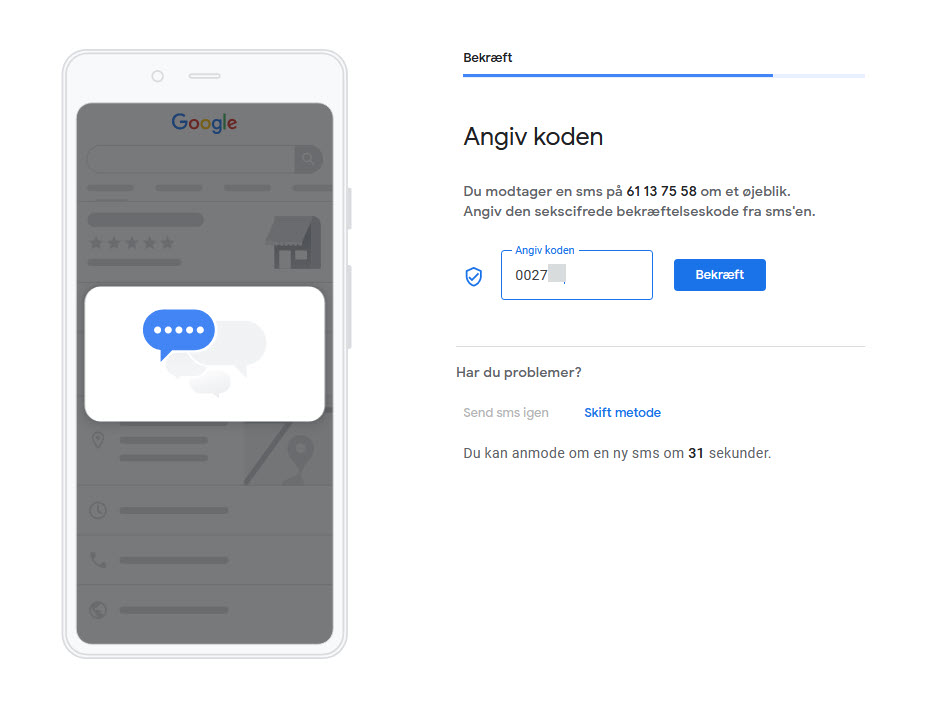 Billedet viser dialogen til indtastelse af en bekræftelsekode modeget fra Google