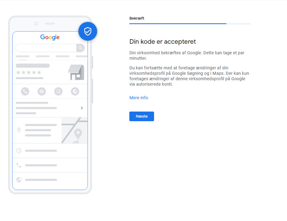 Billedet viser Googles bekræftelse af koden