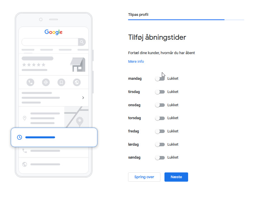 Billedet viser dialog til indtastelse af åbningstider i din virksomhedsprofil