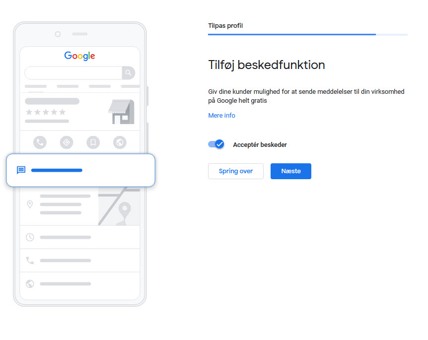 Billeddet viser dialog til af aktivere beskedtjenste i din google virksomhedsprofil