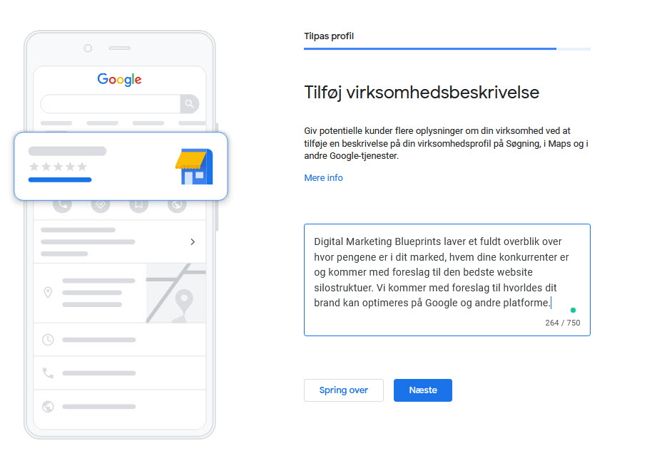 Billedet viser en formular til indtastning af dinevirksomhedsbeskrivele på din Google virksomhedsprofil