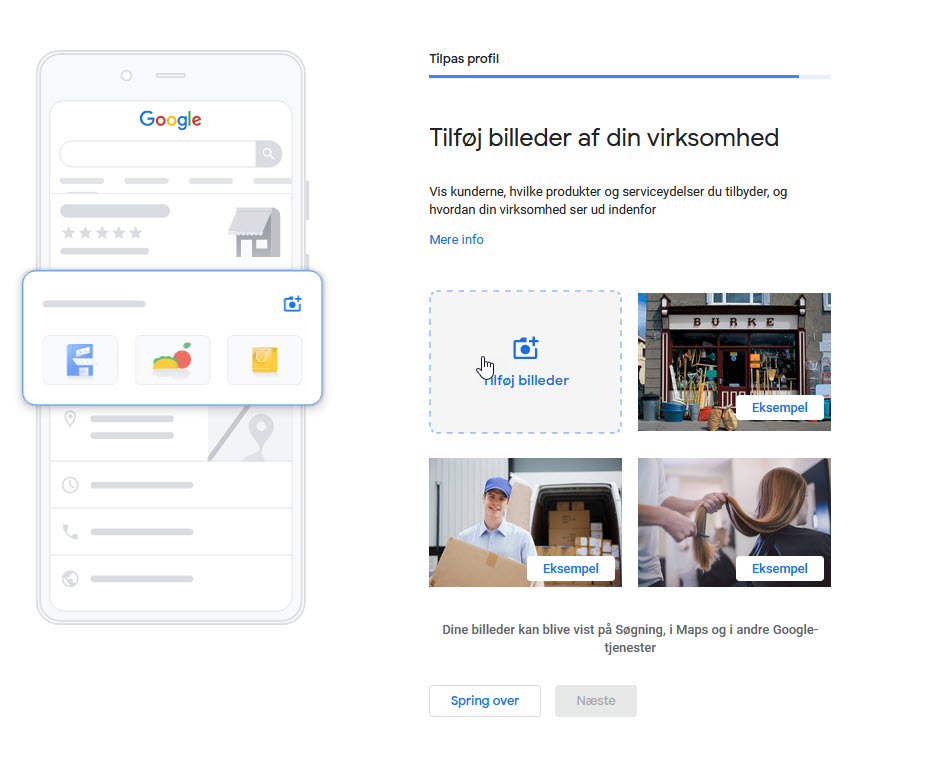 Billedet viser dialog til at filøje billder till din google virksomhedsprofil