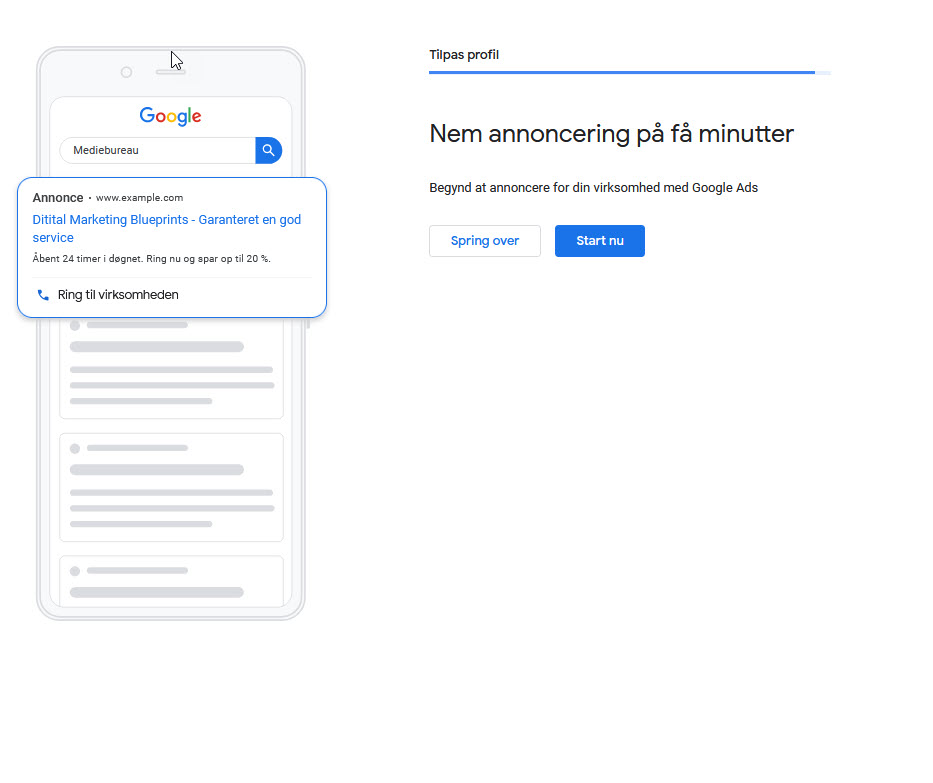 Billedet viser en dialog for mulighed for annoncering fra din Google virksomhedsprofil