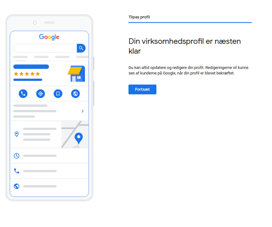 Billedet viser slutdialogen i googles virksomhedsprofil guide