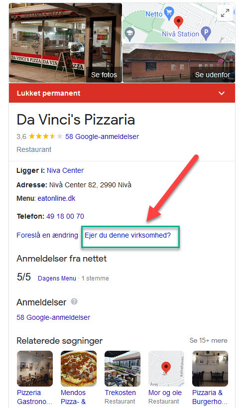 Billedet viser et videnspanel på et pizzaria i Nivå. Der er en grøn ramme omkring ordlyden Ejer du denne virkshomhed