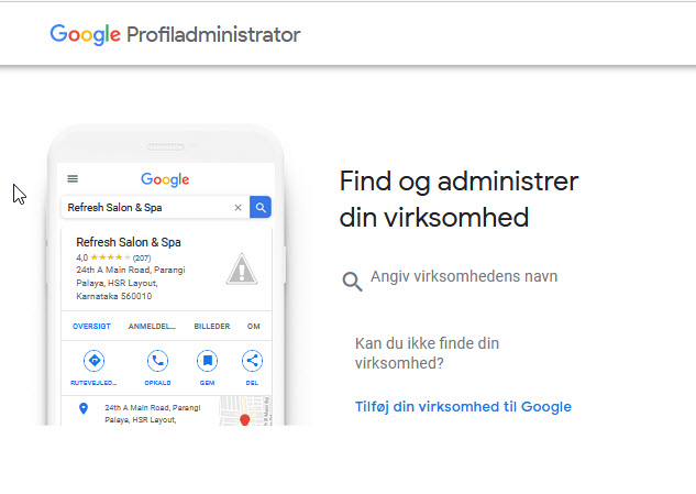 Billedet viser Google virksomhedprofiladministrator