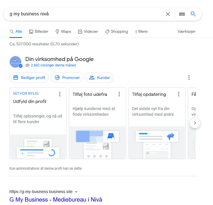 billedet viser et søgeresultat fra Google som viser administrationspanelet for Google virksomhedprofil