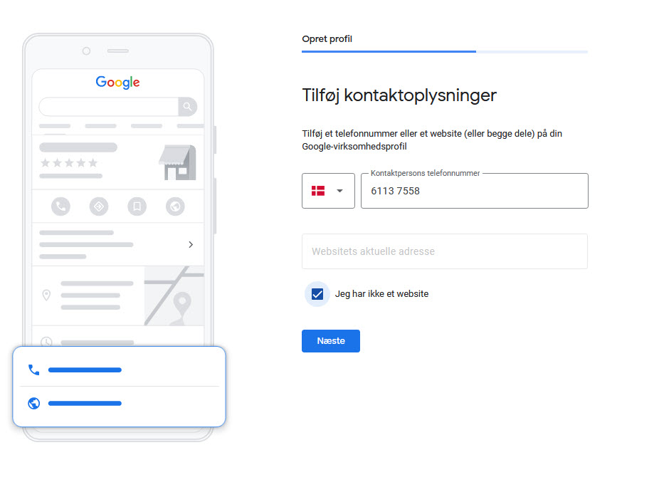 Billedet viser google virksomhedsprofil guidens kontaktoplysninger dialog.